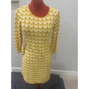 Alice Olivia Yellow  Mini Pullover Puff Sleeve Knit Dress Chevron Pattern